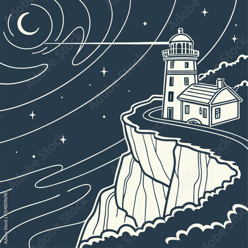 Coastal Lighthouse at Night Design Graphic featuring a Clifftop Beacon and Starry Sky
