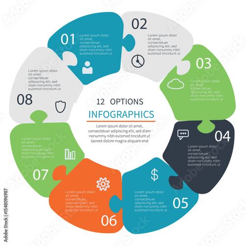 Round puzzle-style infographic with 8 colorful connected segments, each numbered and paired with an icon. The segments form a circular loop and contain placeholder text for steps or stages.