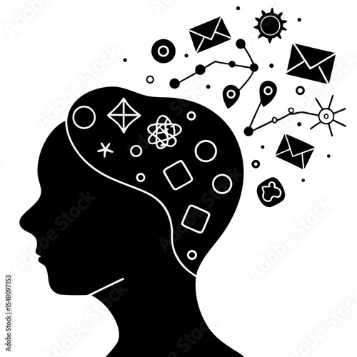 A silhouette of a person with small chaotic thoughts/icons swirling inside the head—emails, social media icons, clocks, anxiety signs—creative mental overload concept.