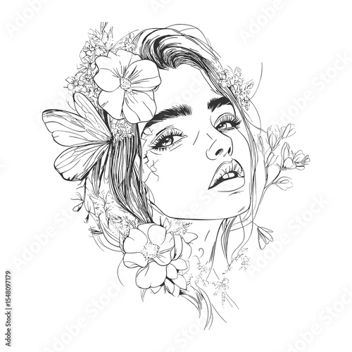 Hand Drawn Woman Portrait with Flowers and Butterfly Line Art Illustration