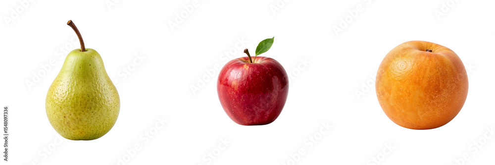Fresh green pear, red apple, and orange on white background Fresh green pear, red apple, and orange on white background