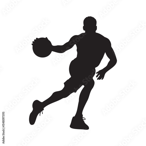 Silhouette of a basketball player dribbling, airborne with the ball, leaping to shoot, dynamic action pose, Vector Illustration.