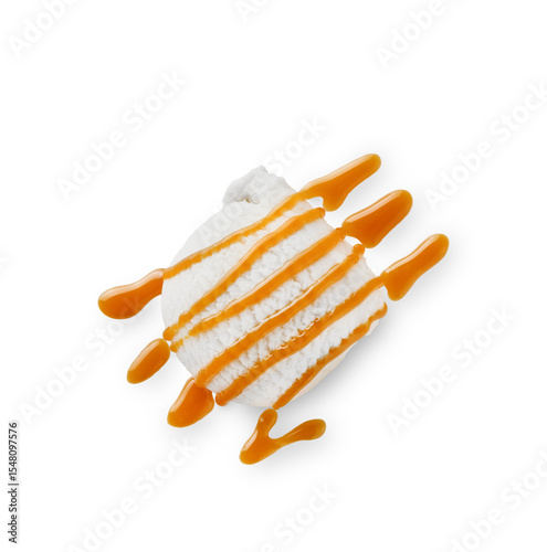 One scoop of creamy ice cream drizzled with liquid caramel sauce isolated on white background with clipping path, top view. Design element.