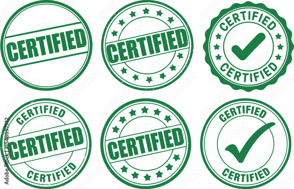 Obraz premium Collection of six green certified stamp designs on a white background view