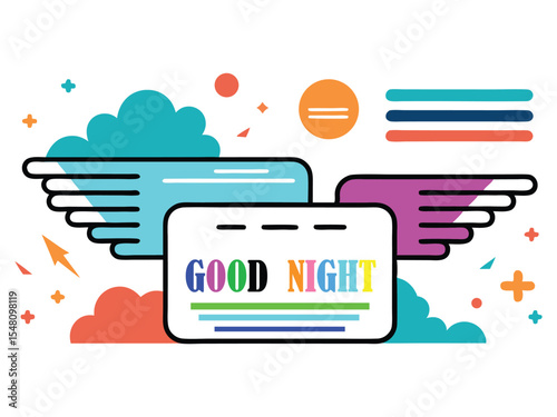 Whimsical good night message with colorful clouds wings stars and geometric shapes on a white background isolated on white background
