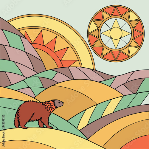 Artistic Wolverine Landscape Design featuring a Sunrise and Geometric Hills