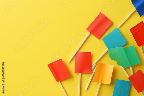 Colorful flags on toothpicks isolated over yellow background. Flat lay composition, top view.