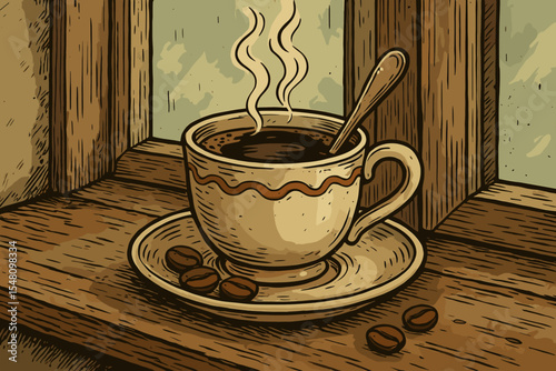 Retro hand-drawn coffee cup illustration with steam and beans on a rustic windowsill. Vintage woodcut style vector graphic of a hot espresso drink for a cafe menu or cozy morning.