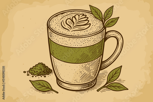 Matcha green tea latte in a glass mug with foam art, powder, and leaves. Vintage hand-drawn sketch illustration in woodcut style. Retro vector graphic for cafe menu or poster.