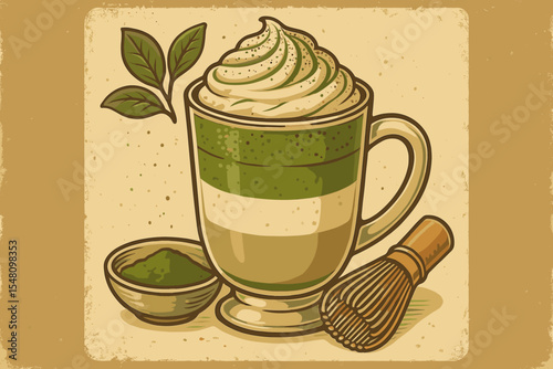 Matcha green tea latte in vintage style. Retro illustration of layered drink with whipped cream, matcha powder, and chasen bamboo whisk. Vector graphic for cafe menu or poster.