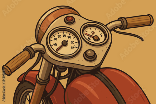 Vintage motorcycle dashboard illustration. Retro motorbike instrument panel with speedometer and fuel gauge. Classic chopper or cruiser bike handlebars. Cartoon vector graphic.