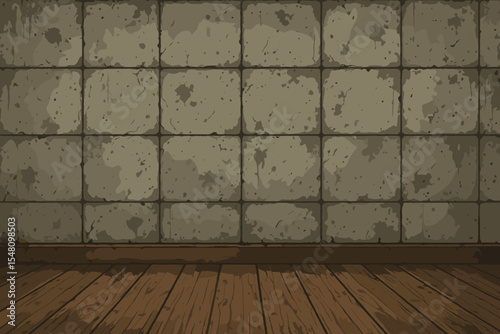 Grunge room interior with old concrete tile wall and vintage wooden floor. Empty basement background with textured stone blocks and brown wood planks. Vector cartoon illustration.