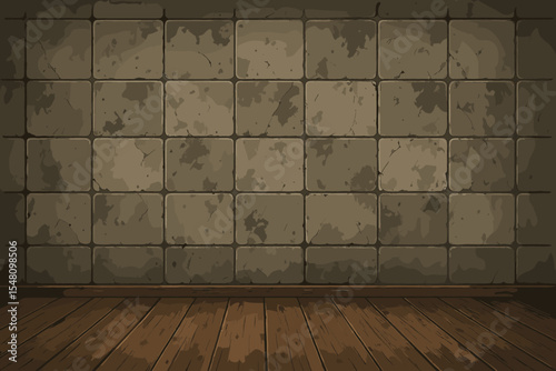 Vintage room interior with grunge concrete tile wall and wooden floor. Empty dark dungeon or basement background. Old weathered stone blocks texture. Vector cartoon illustration.