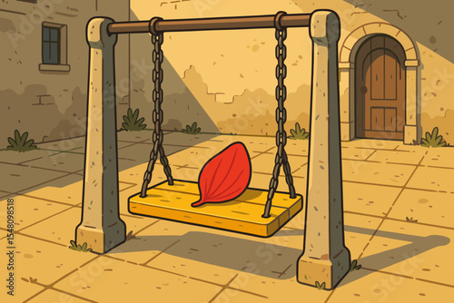 A lonely red petal on an empty swing in a vintage stone courtyard. Concept of solitude, waiting, and lost childhood memories. Nostalgic cartoon vector illustration with warm light.