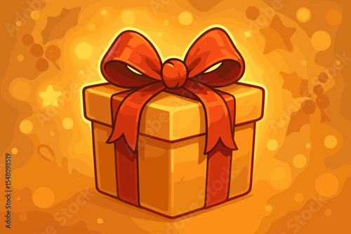 Festive gold gift box with a big red ribbon bow. Christmas holiday present cartoon illustration on a warm, glowing background with bokeh lights. Vector icon for celebration or surprise.