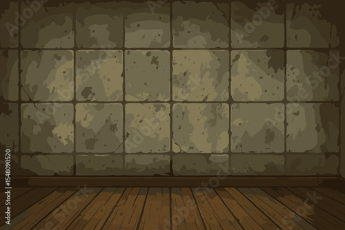 Vintage grunge room interior with aged stone tile wall and dark wooden floor. Empty scene for backdrop. Cartoon vector illustration for game, dungeon, or basement setting.