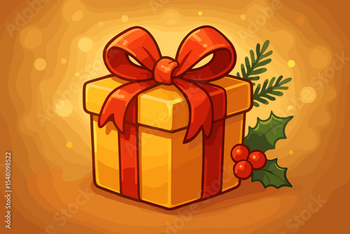 Golden Christmas present with red bow and holly sprig. Festive gift box illustration for holiday celebration and winter greetings. Vector cartoon on warm blurred bokeh background.