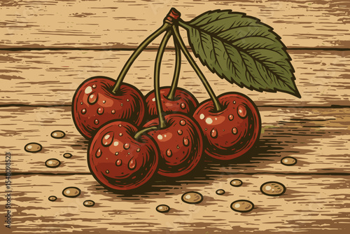 Cherry vector illustration in a vintage woodcut style. Fresh ripe berries with a leaf and water drops on a rustic wooden board. Organic farm market concept for healthy food.