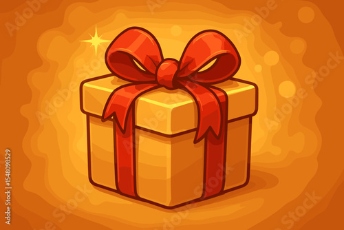 Gold gift box with red ribbon bow. Festive present for Christmas, birthday or anniversary celebration. Vector cartoon illustration on a warm blurred background with bokeh and sparkles.