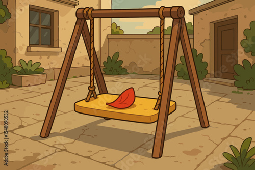 Lonely red autumn leaf on an empty wooden swing in a nostalgic backyard. Concept of loneliness, forgotten childhood memories, quiet contemplation, and the passage of time. Vector illustration.