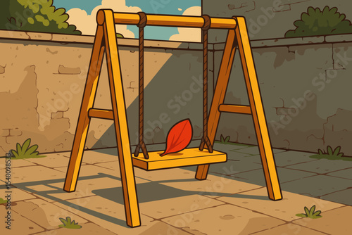 Nostalgic scene of a single red autumn leaf on an empty wooden swing. Concept of loneliness, childhood memories, and waiting. Quiet backyard playground on a sunny day. Vector cartoon.