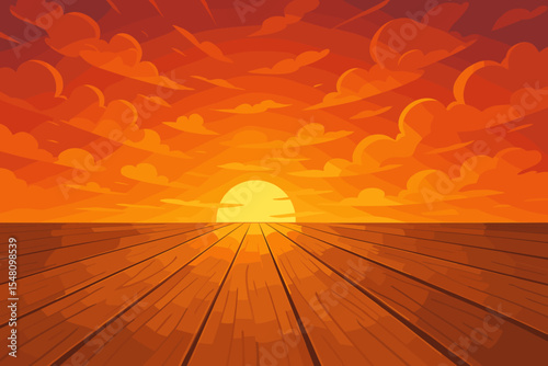 Wooden pier perspective leading to a vibrant sunset or sunrise over the ocean horizon. Serene summer seascape view with warm orange sky and clouds. Cartoon vector background.