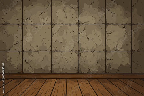 Grunge interior with cracked stone block wall and old wooden floor. Empty dark room background for presentation. Ancient dungeon, cellar, or castle scene. Cartoon vector illustration.