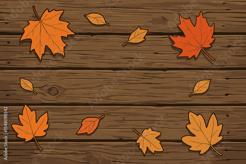 Rustic autumn background with orange and yellow maple leaves scattered on old weathered wooden planks. Fall season vector cartoon illustration with copy space for Thanksgiving.