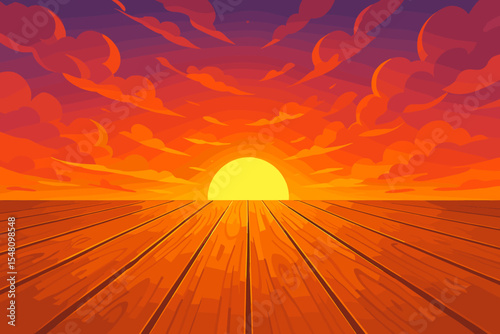 Warm wooden planks perspective leading to a vibrant sunset. Vector cartoon illustration of a sun on the horizon with orange and purple clouds. Scenic evening or sunrise view from a dock.