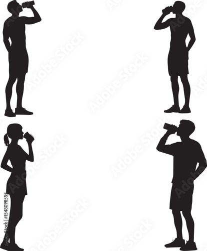 Silhouettes of Active Athletes Hydrating After Exercise in Various Poses – Fitness, Health, and Sports Recovery Concept