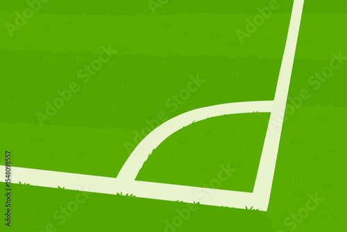 Soccer field corner with white line marking on lush green grass. Football pitch texture background. Vector cartoon illustration of a stadium lawn for a sport game or championship.