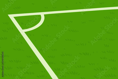 Football field corner with white line marking. Vector illustration of a soccer pitch with lush green grass texture. Sports background for game, match, or championship concept.