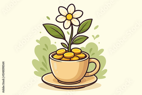 Concept of investment and financial growth. Cute cartoon flower plant sprouting from gold coins in a teacup. Metaphor for savings, wealth, profit, and successful business.