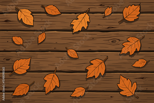 Autumn leaves on rustic wooden planks background. Top view of scattered dry orange fall foliage on a weathered wood floor or table texture. Vector cartoon seasonal illustration.