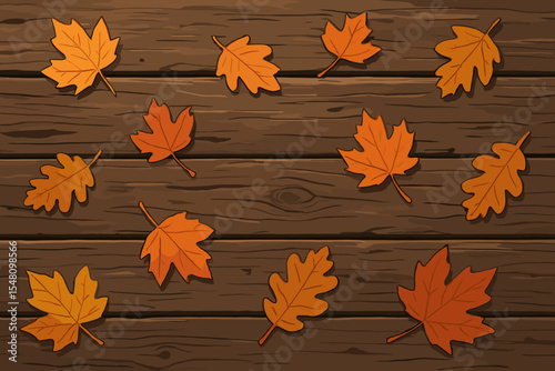 Rustic autumn background with orange fallen leaves on a dark weathered wood planks texture. Vector illustration of a fall season tabletop with maple and oak leaves for Thanksgiving.