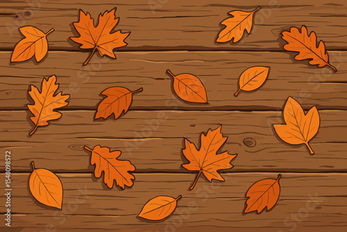 Autumn background with orange leaves on a rustic wooden table. Vector cartoon illustration of fall foliage scattered on weathered wood planks. Top view flat lay for seasonal design.