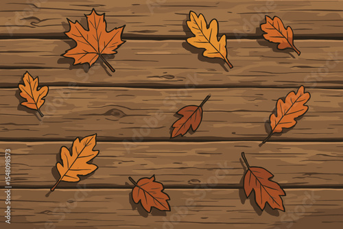 Rustic autumn background with fallen leaves on weathered wooden planks. Top view of a wood floor with orange maple and oak foliage. Seasonal fall concept cartoon vector illustration.