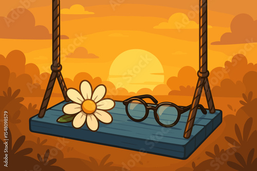 Peaceful sunset scene with glasses and a daisy on a swing. Vector cartoon illustration of a quiet, nostalgic moment. Concept of relaxation, leisure, fond memories, and serenity.