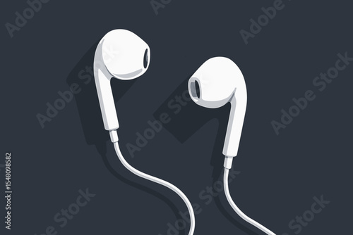 White wired earphones vector illustration on a dark background. Realistic earbuds with cable for listening to music or podcasts. Minimalist modern audio accessory and technology gadget.