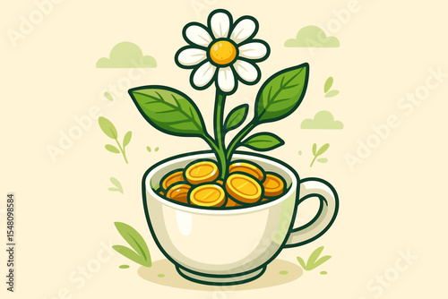 Financial growth concept. Money flower sprouting from a cup of gold coins. Vector illustration metaphor for investment, savings, wealth, and business success. Growing profit idea.