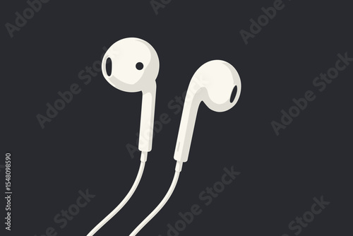 White earphones vector illustration on a dark background. Minimalist flat design of modern earbuds for listening to music. Audio gadget with long shadow. Digital technology concept.