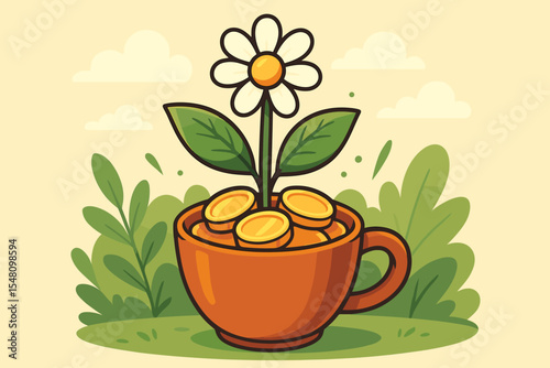 Financial growth concept with a money flower plant growing from a cup of gold coins. Metaphor for investment, savings, wealth, profit, and success. Vector cartoon illustration.