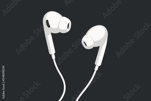White minimalist wired earphones on dark background. Vector illustration of a modern audio gadget. Concept for listening to music, sound, podcasts. Technology accessory design.
