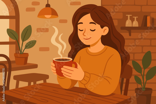 Cozy cafe scene with woman enjoying hot coffee, steam rising from red cup, wooden table, indoor plants, warm lighting, relaxing atmosphere, cartoon vector illustration, autumn vibes