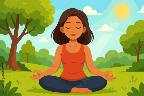 Woman Sitting Cross-Legged Practicing Yoga Meditation in Sunny Park, Outdoor Nature Landscape with Trees, Relaxation and Mindfulness, Vector Cartoon Wellness Illustration for Healthy Lifestyle