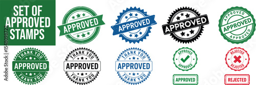 A collection of approved and rejected stamps in various styles and colors