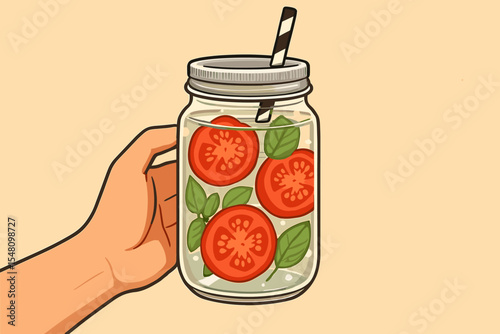Hand holding a mason jar with refreshing tomato and basil infused water. Healthy lifestyle concept with a summer detox drink. Natural organic beverage for a diet. Vector illustration.