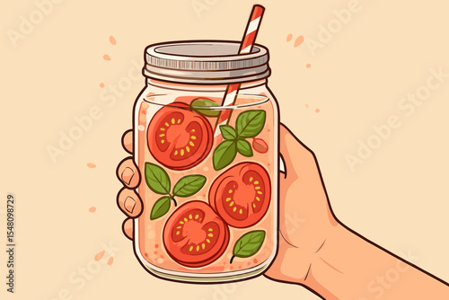 Hand holding a mason jar with tomato basil infused water. Healthy lifestyle concept with fresh detox drink. Vector cartoon illustration of a summer vegetable juice or smoothie.