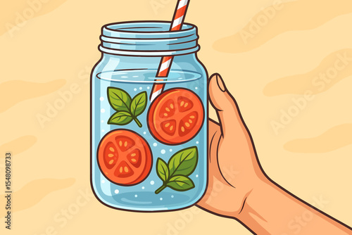Hand holding a glass mason jar with refreshing tomato and basil infused water. Healthy lifestyle summer detox drink concept. Vector cartoon illustration for diet and wellness.