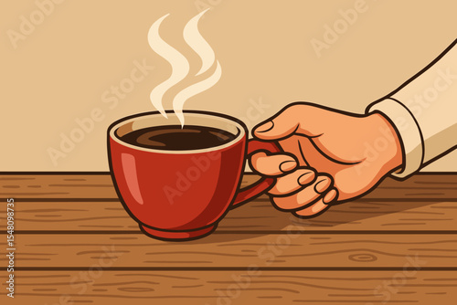 Person holding a red mug of hot coffee or tea with steam rising. Cozy morning scene on a rustic wooden table. Coffee break, cafe concept. Vector cartoon illustration in retro style.